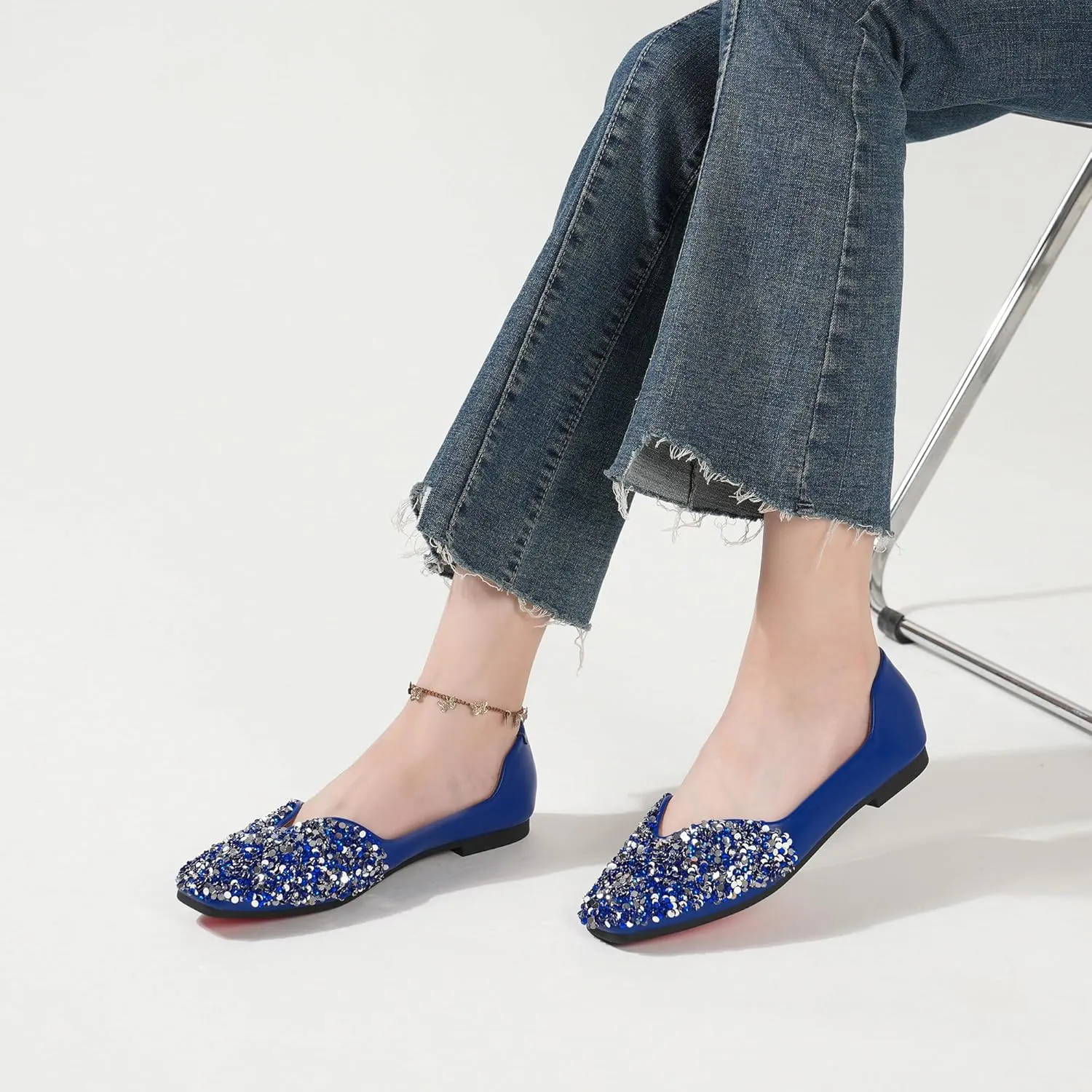 Flats Shoes Women Rhinestone Square Fashion Ballet Flats Wedding Flats for Women Comfortable Slip on Low Heel Dress Shoes