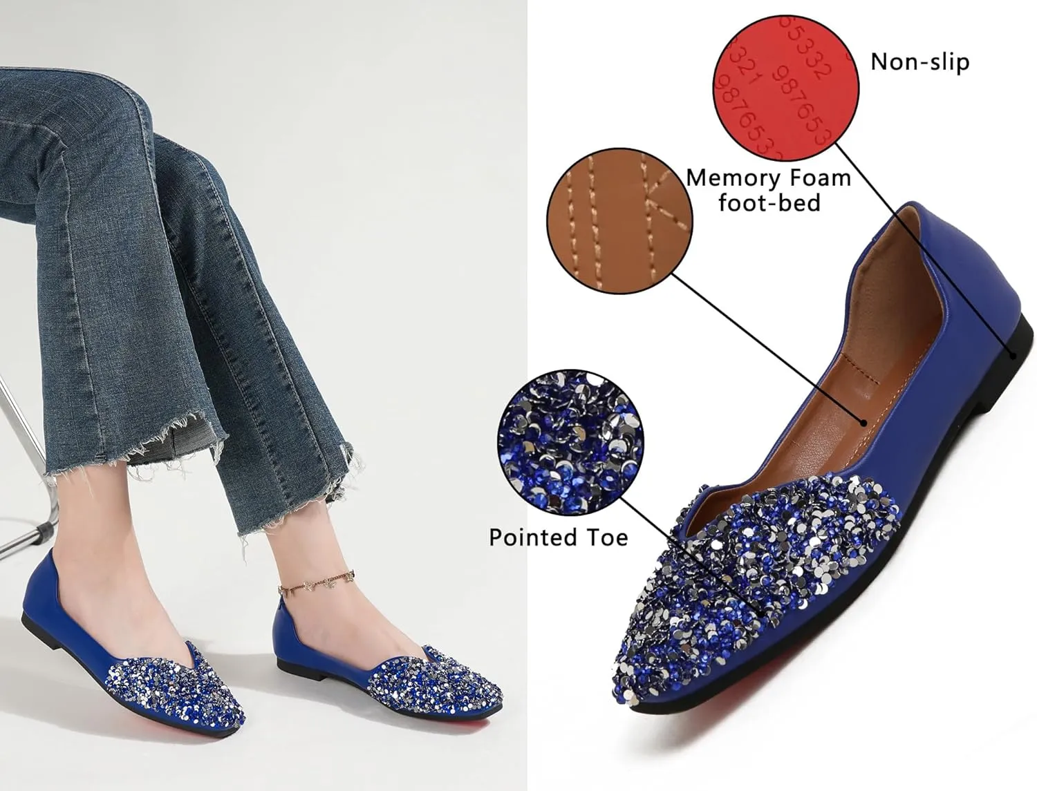 Flats Shoes Women Rhinestone Square Fashion Ballet Flats Wedding Flats for Women Comfortable Slip on Low Heel Dress Shoes