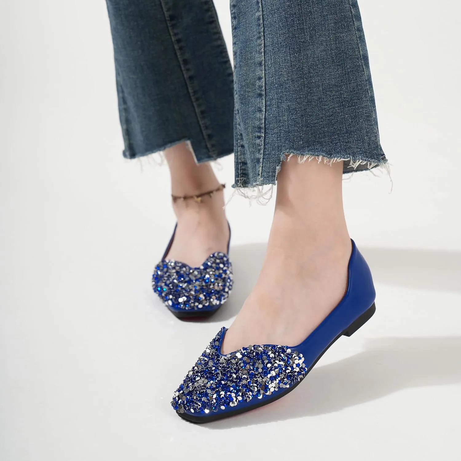 Flats Shoes Women Rhinestone Square Fashion Ballet Flats Wedding Flats for Women Comfortable Slip on Low Heel Dress Shoes