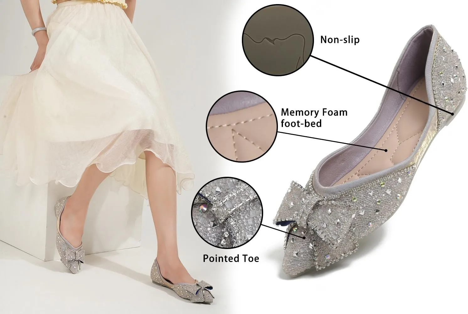 Flats Shoes Women Rhinestone Wedding Flats Comfort Pointed Toe Ballet Flat Shoe Low Heel Dress Shoes Sparkly Flats for Women