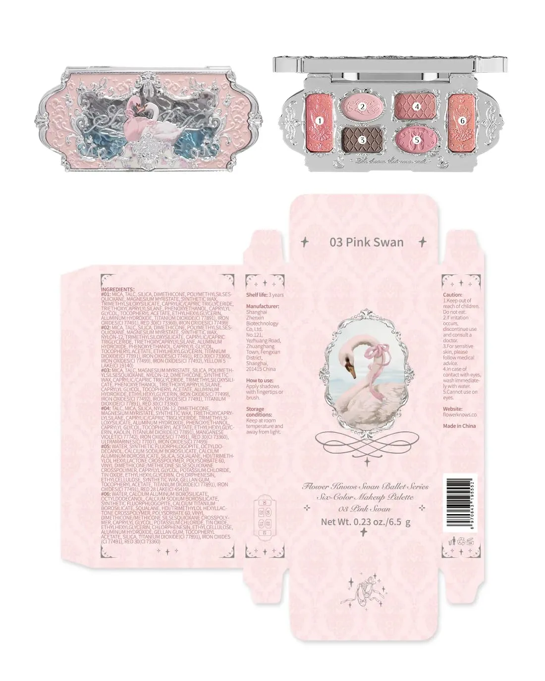 Flower Knows Swan Ballet Six-Color Makeup Palette,Eyeshadow,Blush,Highlighting & Contour All-in-One Face Makeup Palette with 4 Matte 2 Shimmer Pink Shades(03 Pink Swan,0.23 Oz)