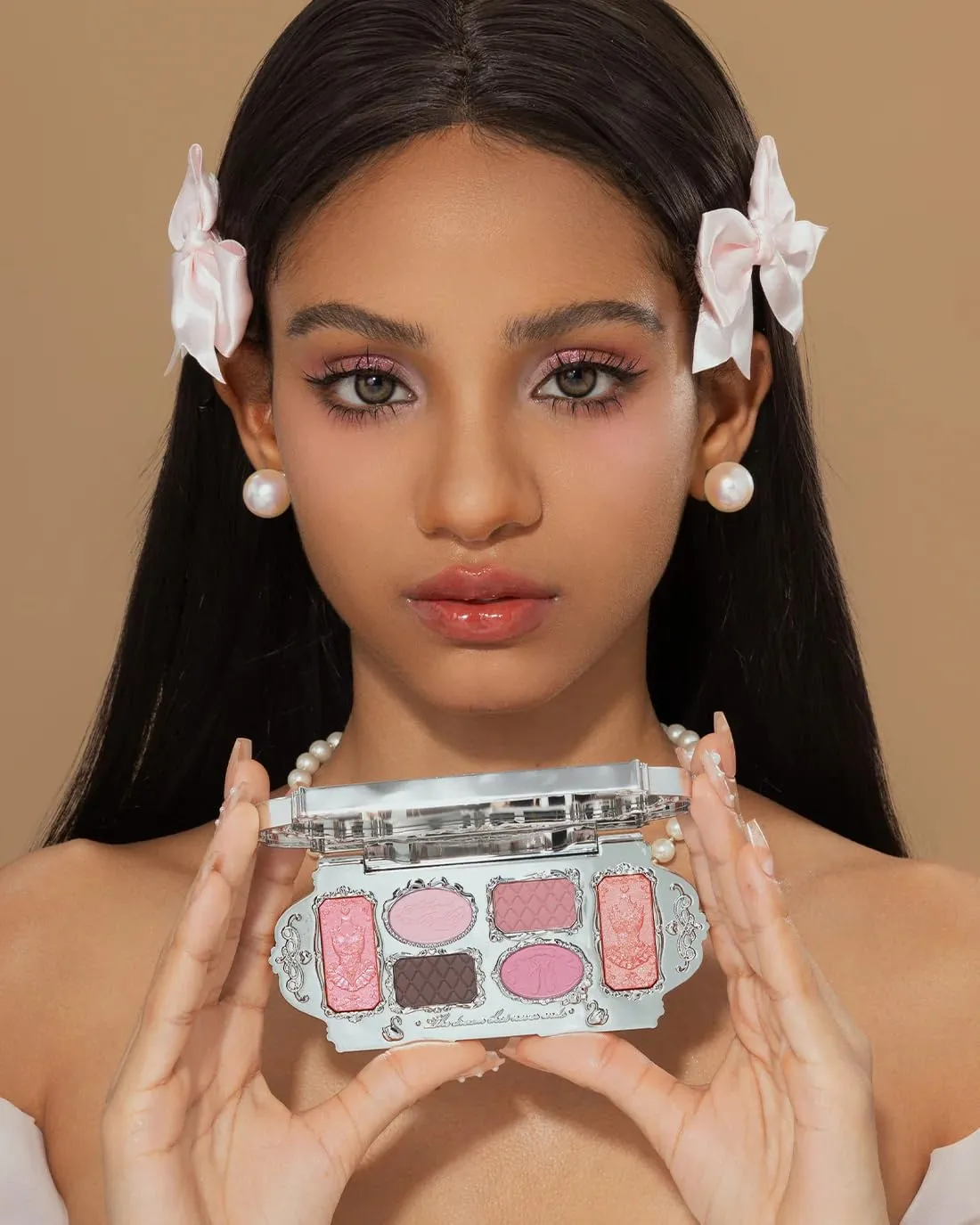 Flower Knows Swan Ballet Six-Color Makeup Palette,Eyeshadow,Blush,Highlighting & Contour All-in-One Face Makeup Palette with 4 Matte 2 Shimmer Pink Shades(03 Pink Swan,0.23 Oz)