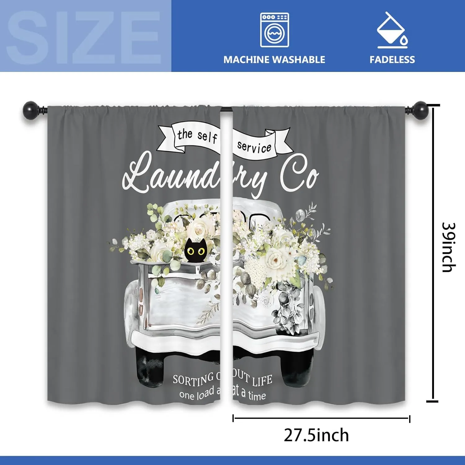 Flower White Rose Laundry Room Curtains 27.5W x 39L Inch Truck Spring Farmhouse Washing Botanical Rod Pocket Short Cafe Small Window Treatment Drapes Decor 2 Panels