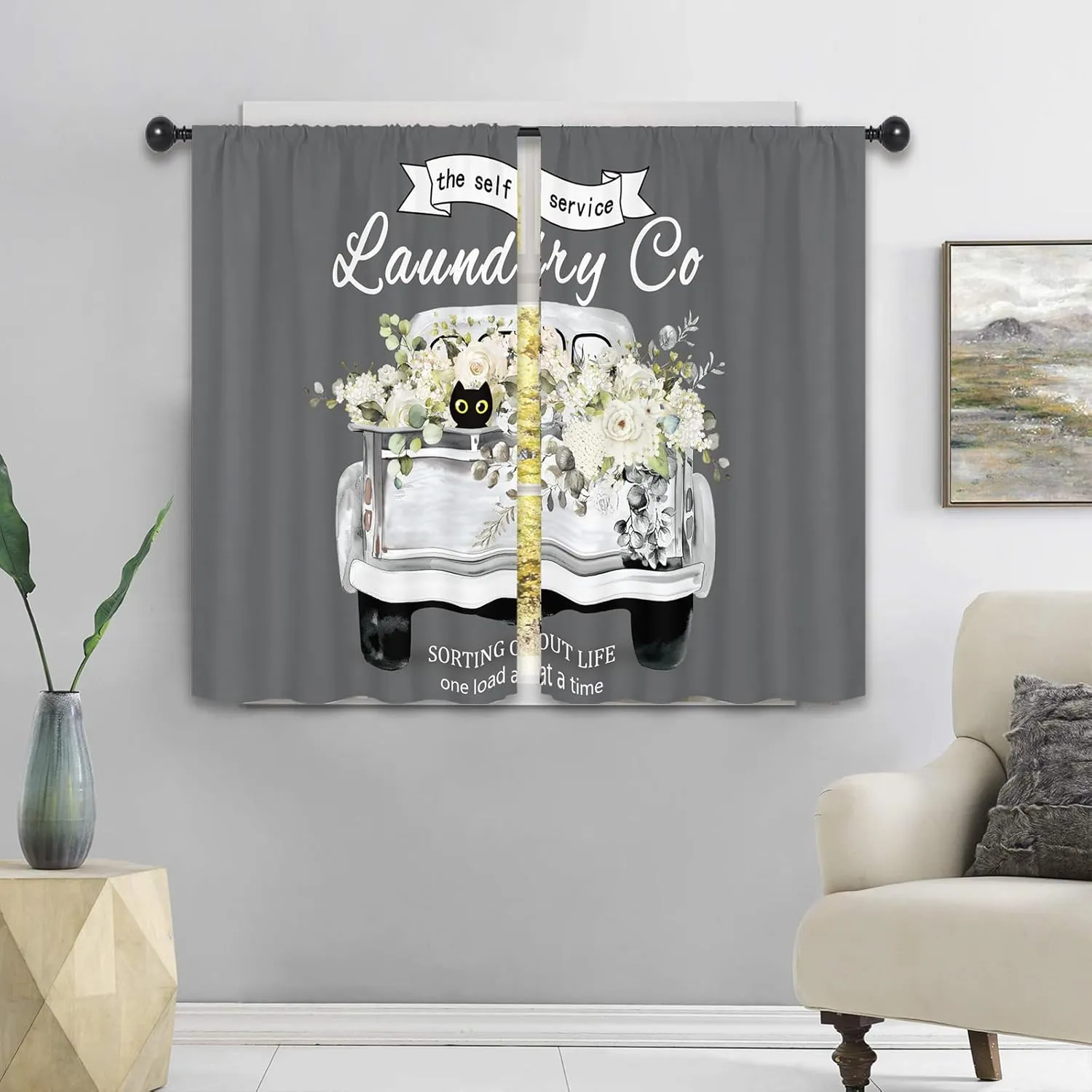 Flower White Rose Laundry Room Curtains 27.5W x 39L Inch Truck Spring Farmhouse Washing Botanical Rod Pocket Short Cafe Small Window Treatment Drapes Decor 2 Panels
