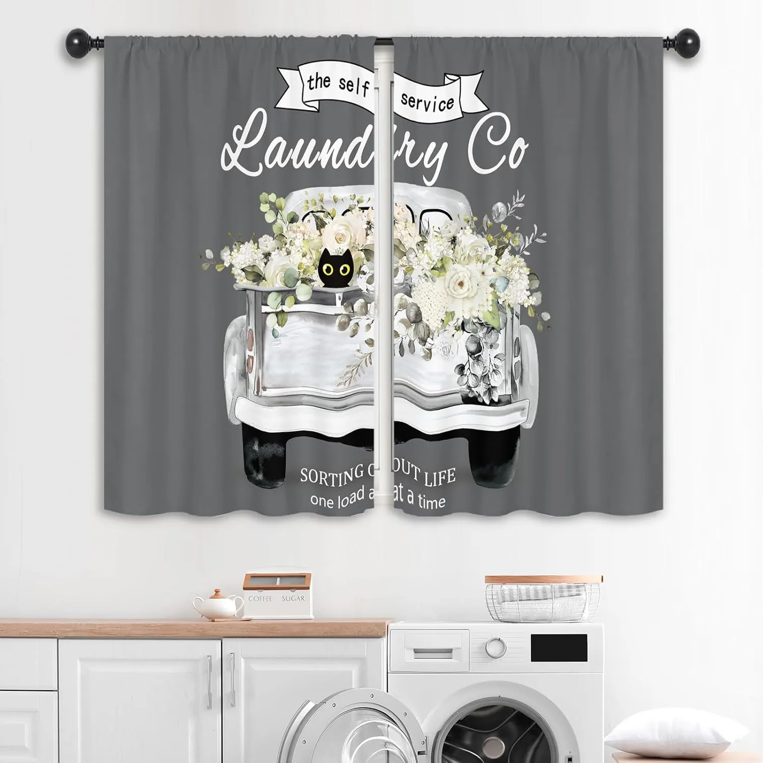 Flower White Rose Laundry Room Curtains 27.5W x 39L Inch Truck Spring Farmhouse Washing Botanical Rod Pocket Short Cafe Small Window Treatment Drapes Decor 2 Panels