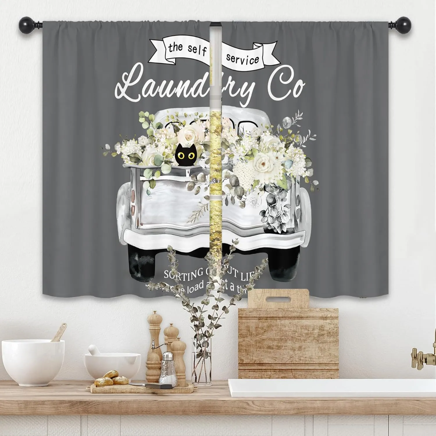 Flower White Rose Laundry Room Curtains 27.5W x 39L Inch Truck Spring Farmhouse Washing Botanical Rod Pocket Short Cafe Small Window Treatment Drapes Decor 2 Panels