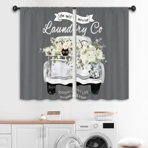 Flower White Rose Laundry Room Curtains 27.5W x 39L Inch Truck Spring Farmhouse Washing Botanical Rod Pocket Short Cafe Small Window Treatment Drapes Decor 2 Panels