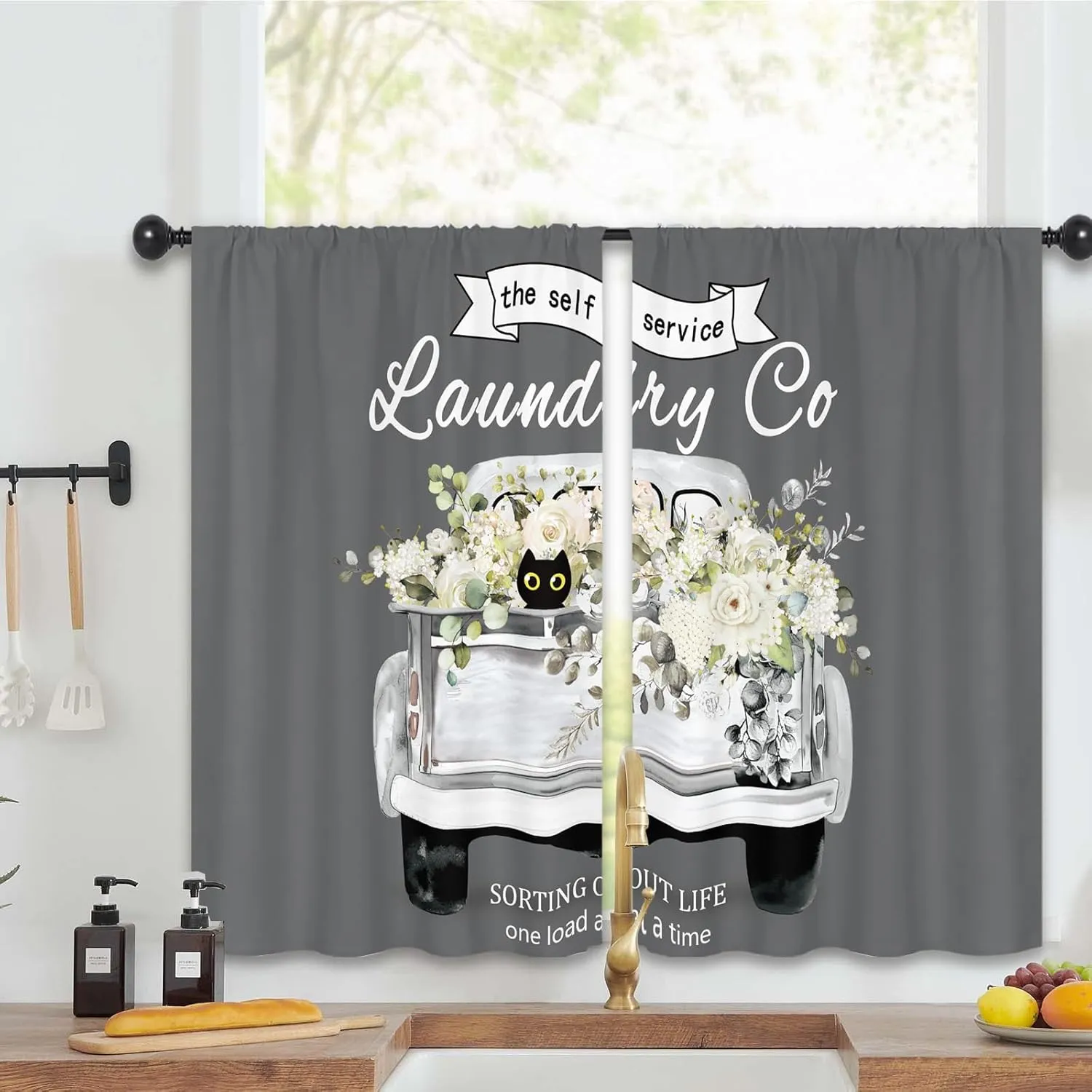 Flower White Rose Laundry Room Curtains 27.5W x 39L Inch Truck Spring Farmhouse Washing Botanical Rod Pocket Short Cafe Small Window Treatment Drapes Decor 2 Panels