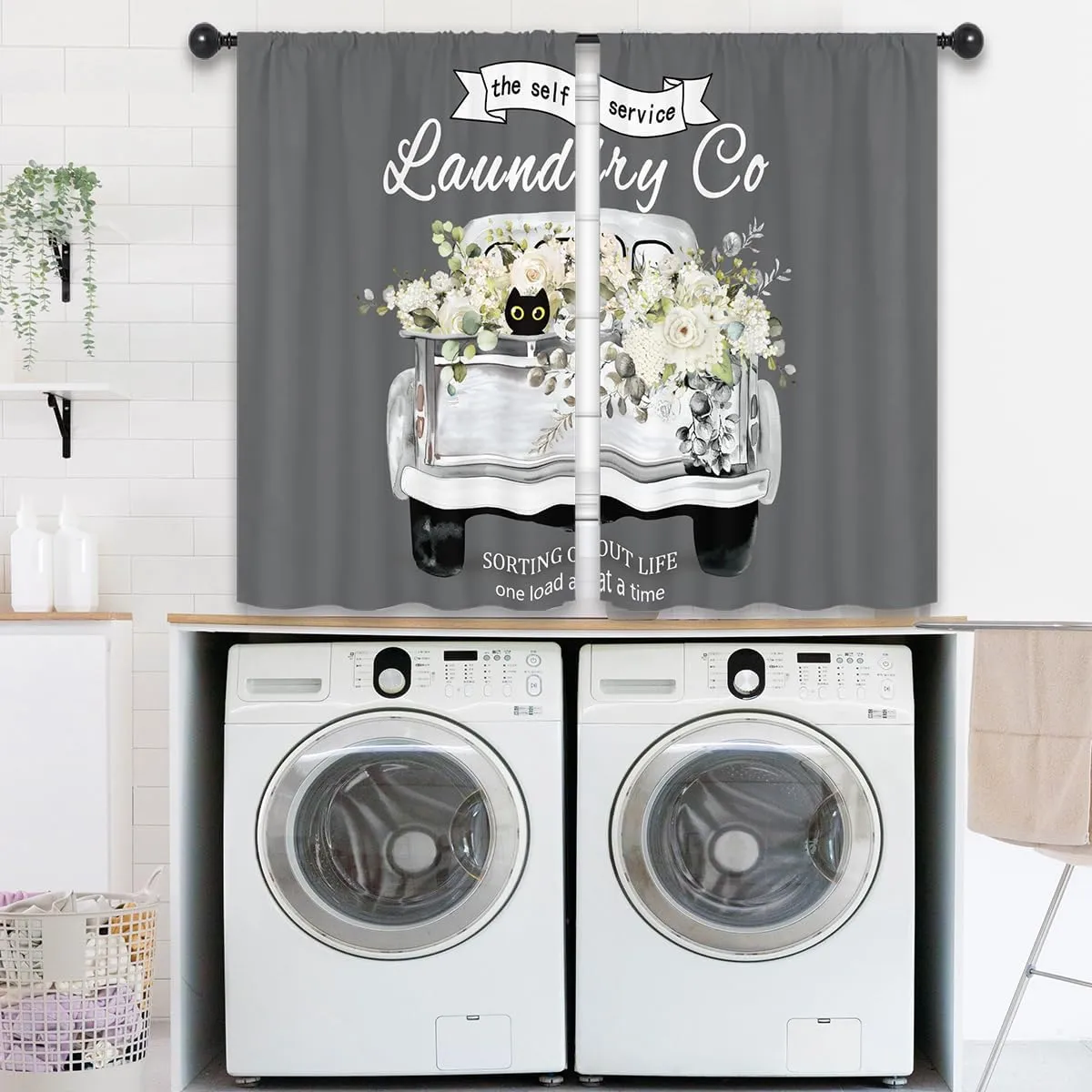 Flower White Rose Laundry Room Curtains 27.5W x 39L Inch Truck Spring Farmhouse Washing Botanical Rod Pocket Short Cafe Small Window Treatment Drapes Decor 2 Panels