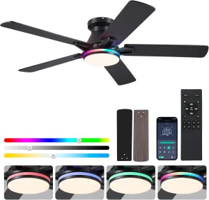 Flush Mount Ceiling Fans with RGB Side Lights - 52" Black RGB Ceiling Fan with 5 Dual-Sided Blades, 3CCT Reversilbe Motor, Low Profile Indoor/Outdoor Fan Light for Party, Bedroom
