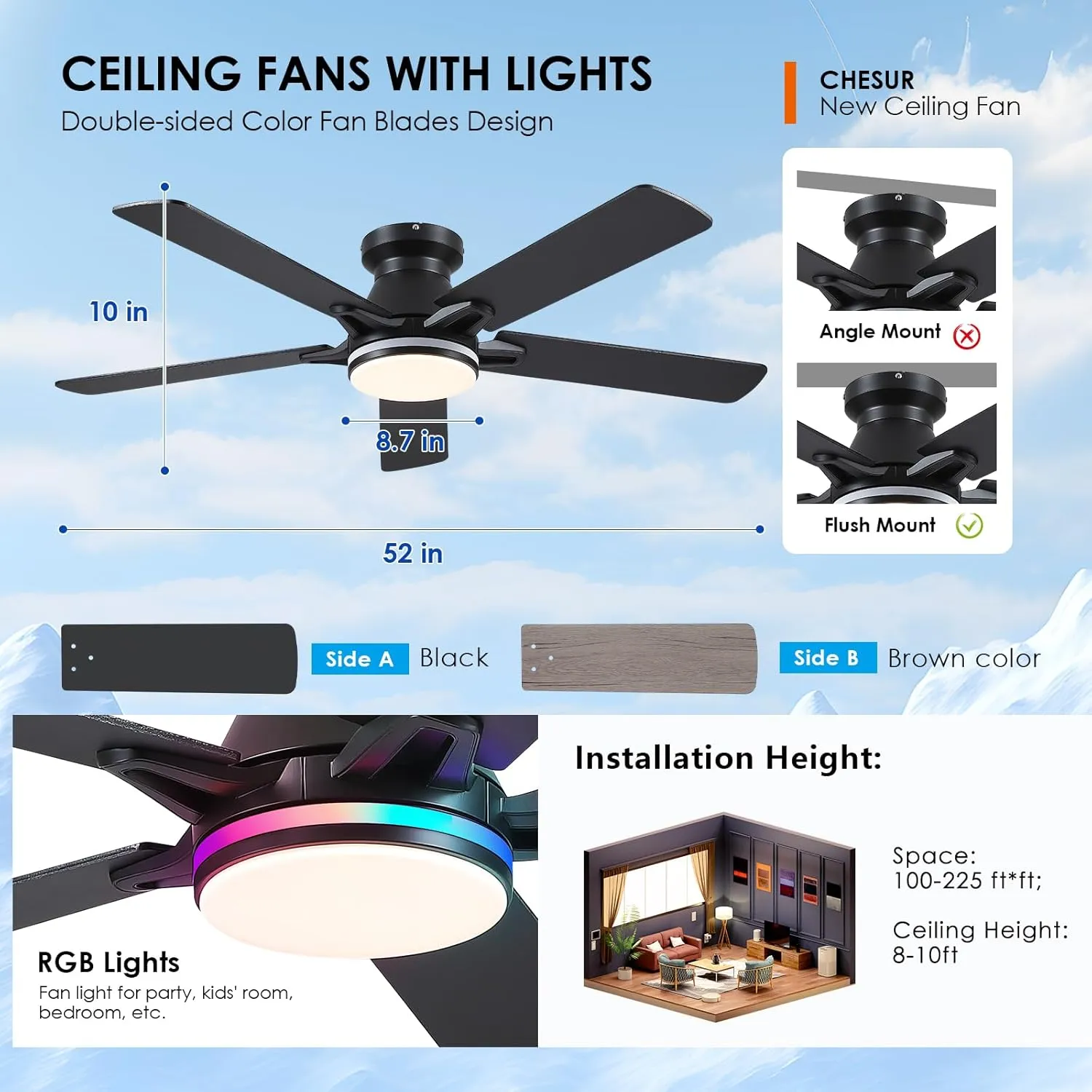 Flush Mount Ceiling Fans with RGB Side Lights - 52" Black RGB Ceiling Fan with 5 Dual-Sided Blades, 3CCT Reversilbe Motor, Low Profile Indoor/Outdoor Fan Light for Party, Bedroom
