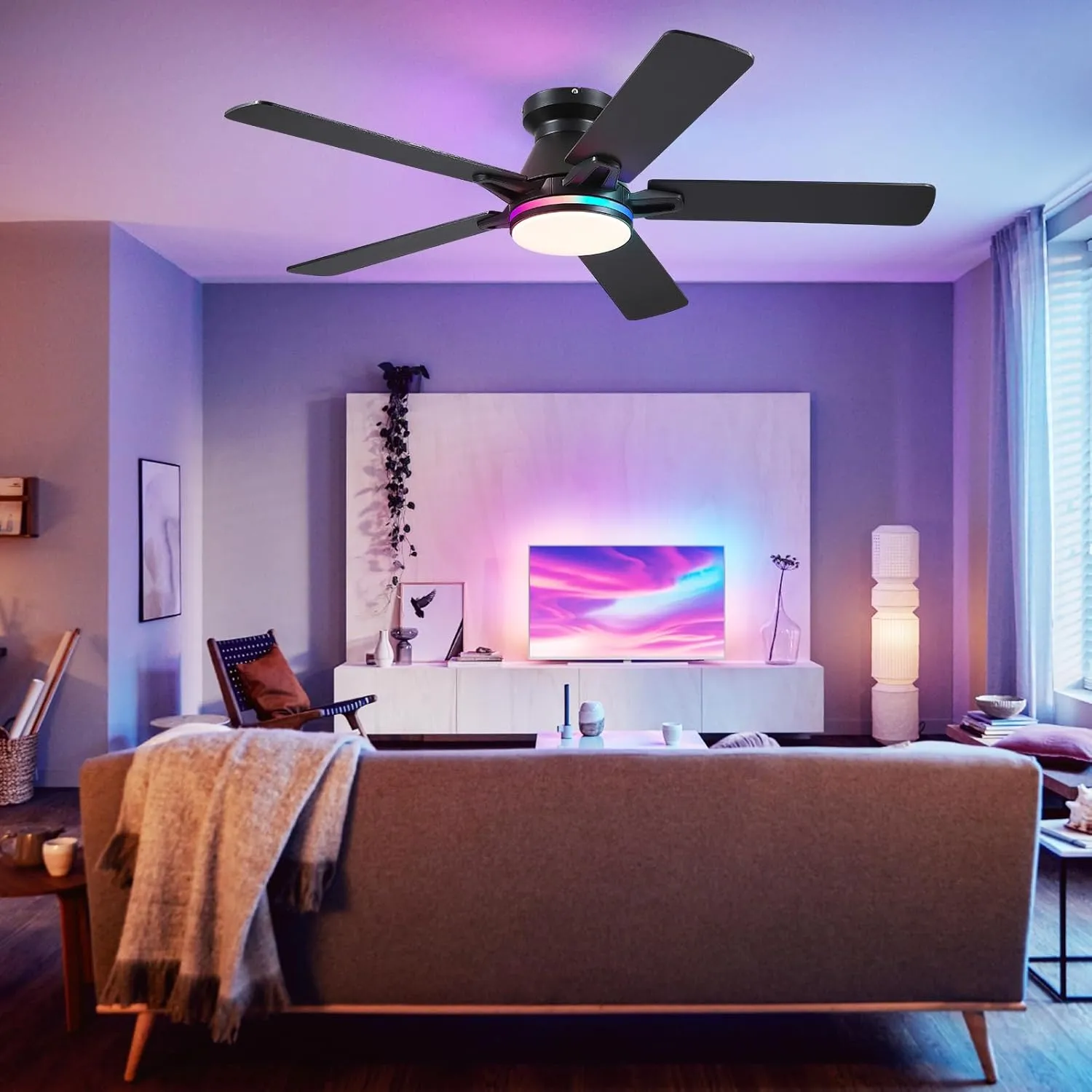 Flush Mount Ceiling Fans with RGB Side Lights - 52" Black RGB Ceiling Fan with 5 Dual-Sided Blades, 3CCT Reversilbe Motor, Low Profile Indoor/Outdoor Fan Light for Party, Bedroom