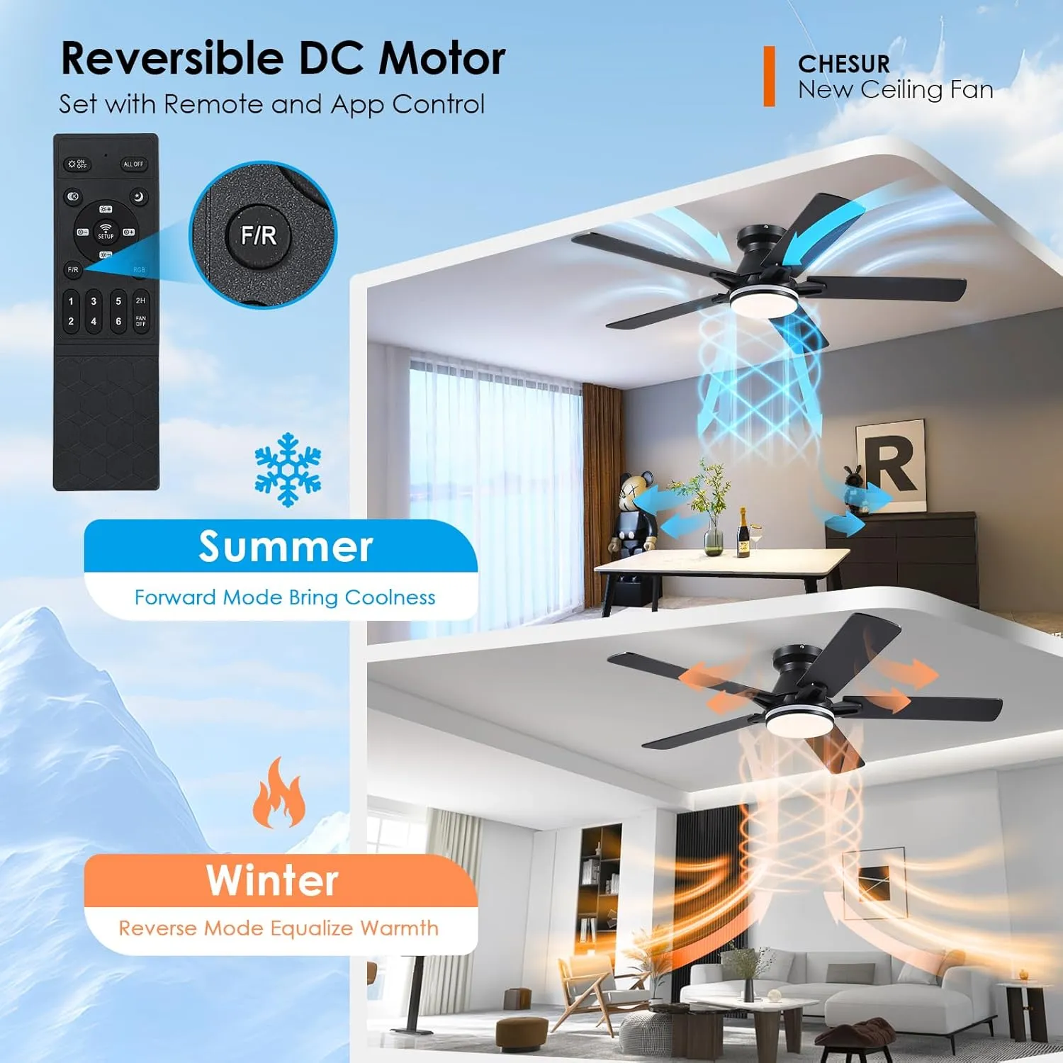 Flush Mount Ceiling Fans with RGB Side Lights - 52" Black RGB Ceiling Fan with 5 Dual-Sided Blades, 3CCT Reversilbe Motor, Low Profile Indoor/Outdoor Fan Light for Party, Bedroom
