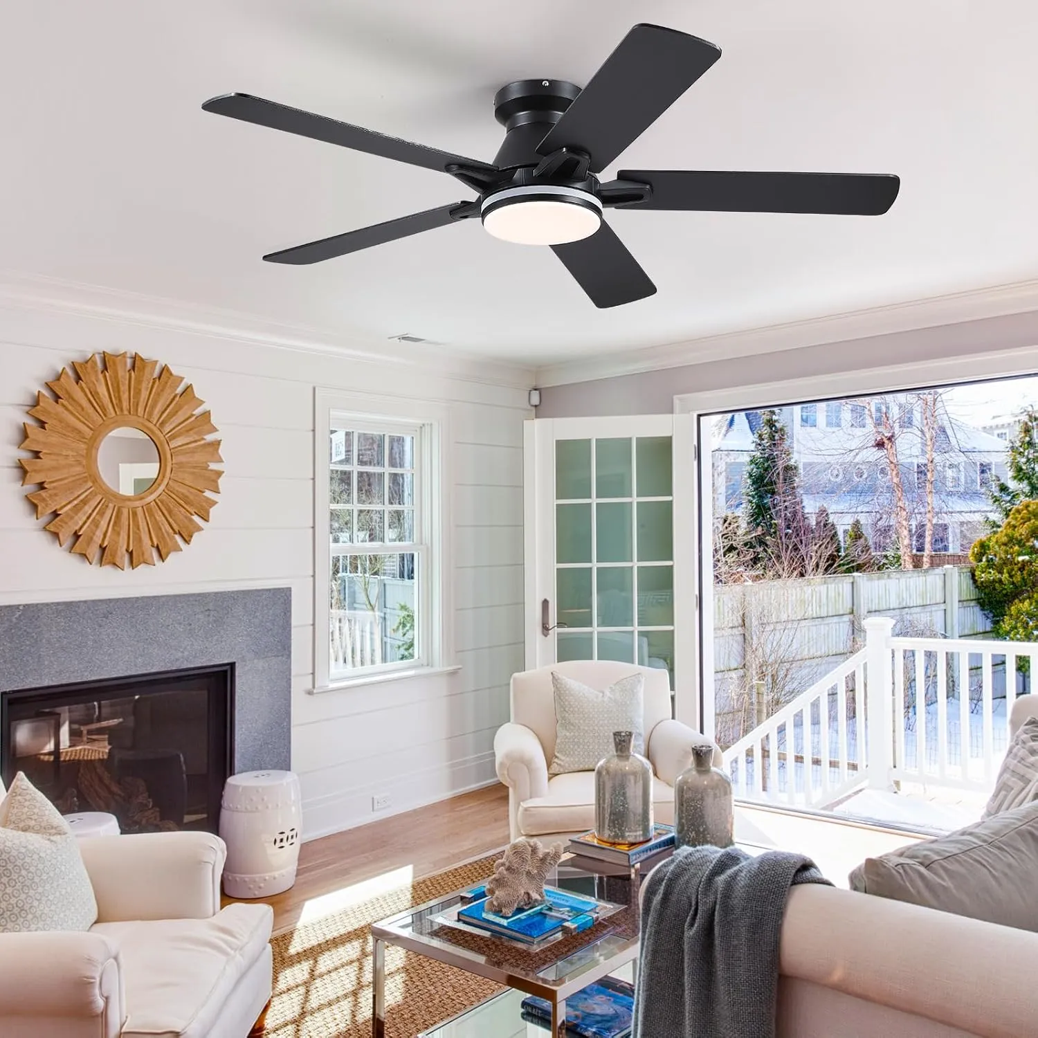 Flush Mount Ceiling Fans with RGB Side Lights - 52" Black RGB Ceiling Fan with 5 Dual-Sided Blades, 3CCT Reversilbe Motor, Low Profile Indoor/Outdoor Fan Light for Party, Bedroom