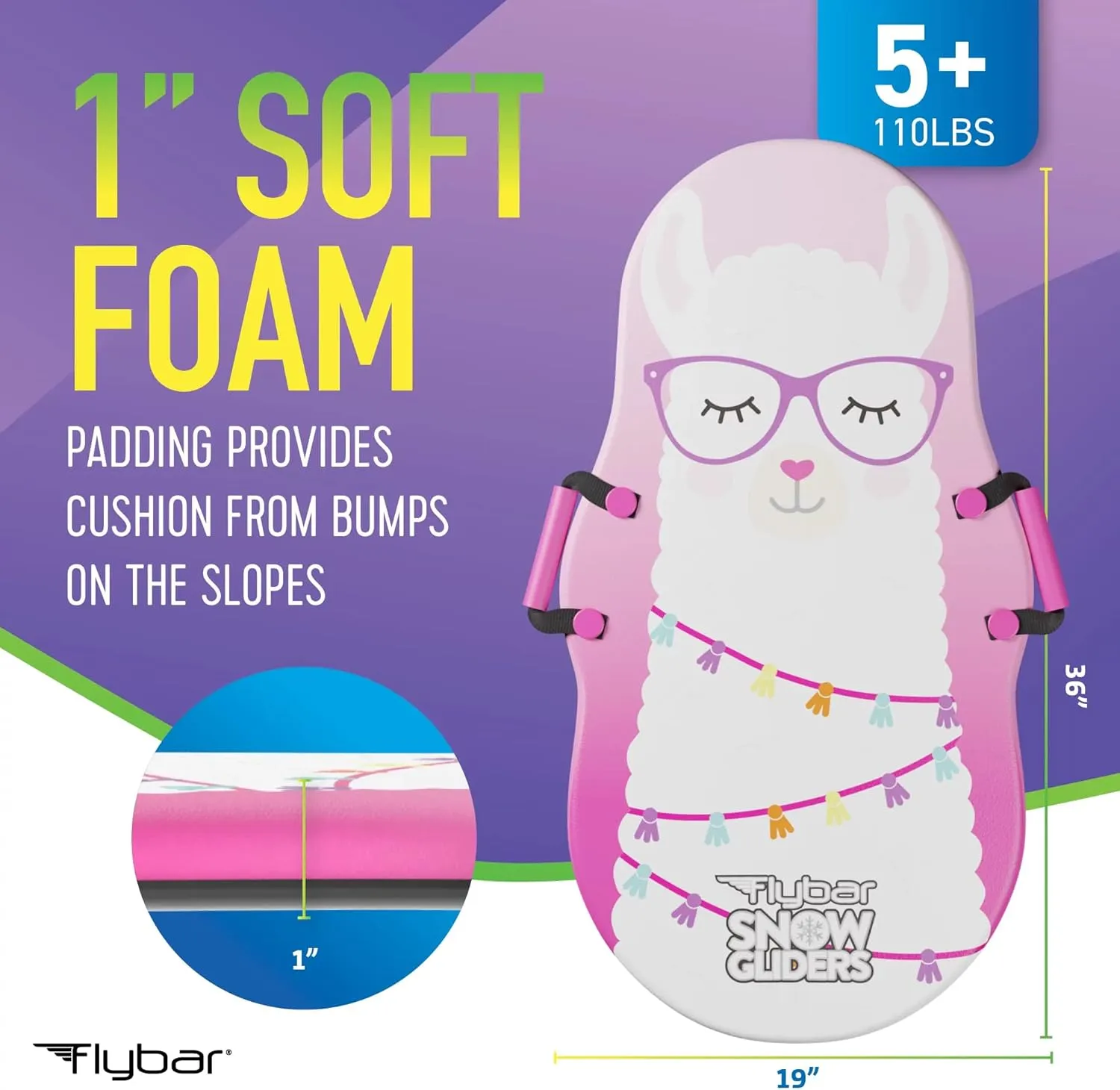 Flybar Snow Sled for Kids and Toddlers- Foam Toboggan, Ages 6 , Easy Grip Handles, Durable with Slick Bottom & PE Core Build, Lightweight Snow Boards, Snowboard Toys for Outdoor, Up to 110 lbs, 36"