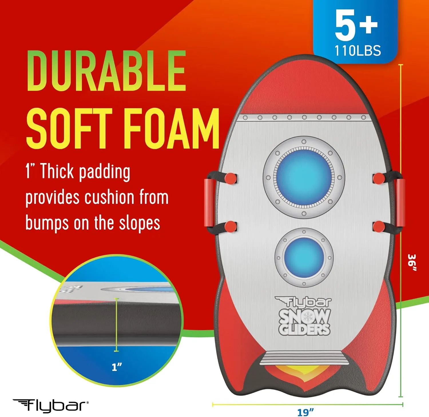 Flybar Snow Sled for Kids and Toddlers- Foam Toboggan, Ages 6 , Easy Grip Handles, Durable with Slick Bottom & PE Core Build, Lightweight Snow Boards, Snowboard Toys for Outdoor, Up to 110 lbs, 36"