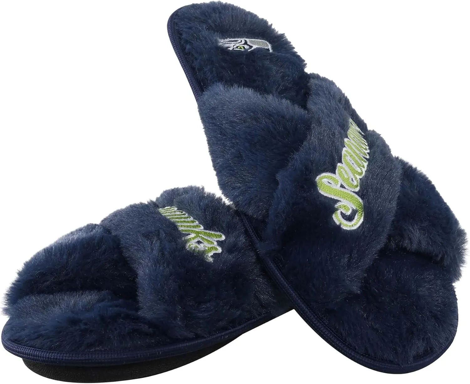 FOCO Womens NFL Team Script Wordmark Fuzzy Cross Slide Slippers