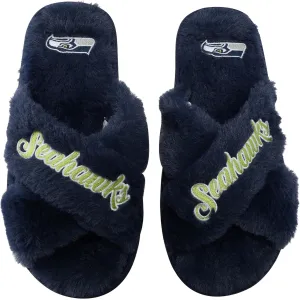 FOCO Womens NFL Team Script Wordmark Fuzzy Cross Slide Slippers