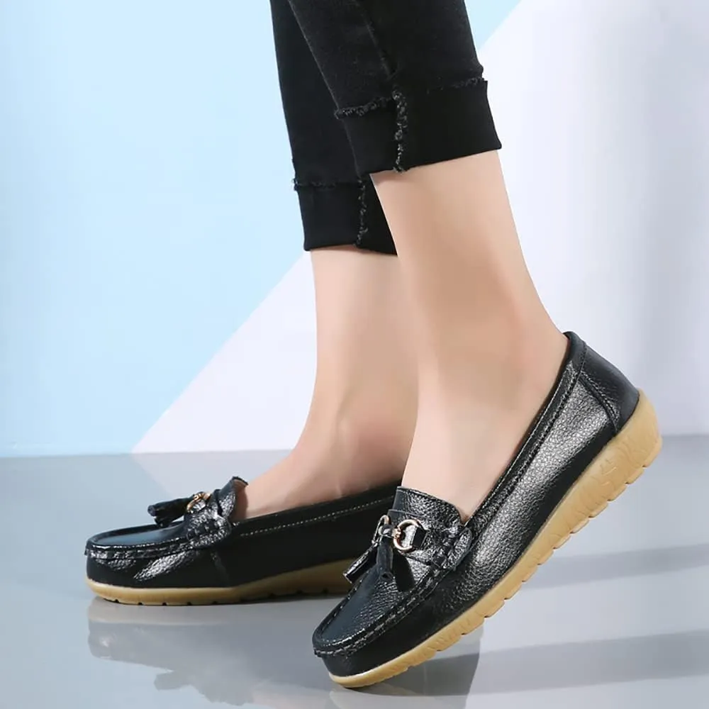 FolHaoth Women's Loafer Comfortable Casual Shoes Non Slip Leather Natural Driving Fashion Moccasin Flats Breathable Soft Nurse Walking Ladies Slip On Shoes