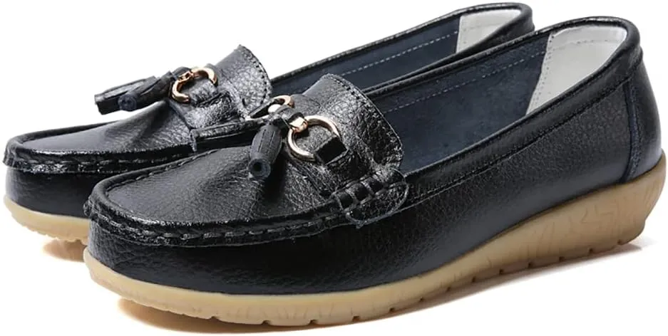 FolHaoth Women's Loafer Comfortable Casual Shoes Non Slip Leather Natural Driving Fashion Moccasin Flats Breathable Soft Nurse Walking Ladies Slip On Shoes
