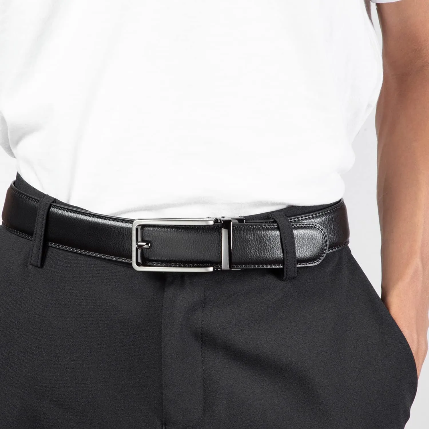 Founders & C Men's Leather Ratchet Comfort Click Belt Dress with Slide Buckle -Adjustable Trim to Fit