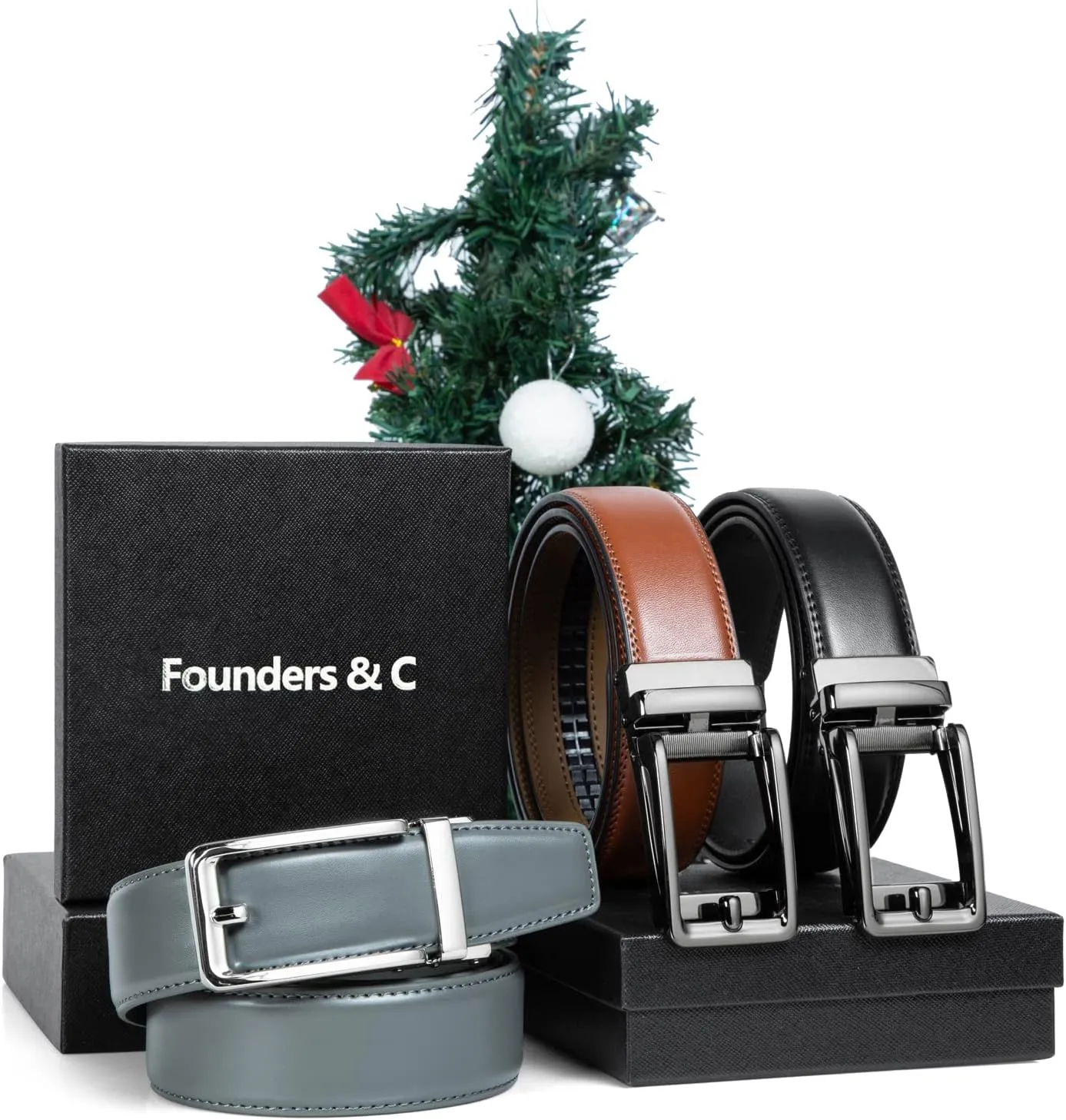 Founders & C Men's Leather Ratchet Comfort Click Belt Dress with Slide Buckle -Adjustable Trim to Fit