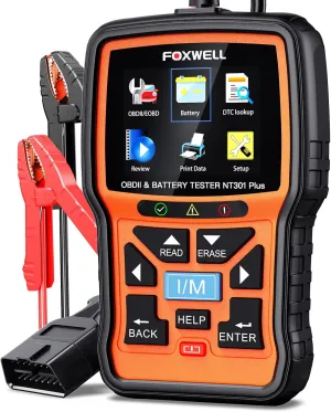 FOXWELL NT301 Plus 2 in 1 OBD2 Scanner Battery Tester, OBDII Diagnostic Tool Check Engine Car Code Reader, 12V 100-1100CCA Cranking Charging Analyzer Tester, Live Data, Full ODB2 Diagnosis