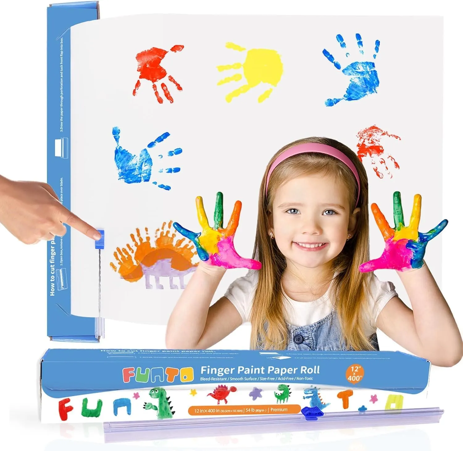 Funto Finger Paint Paper Roll, 12''x400'', Size-Free, White, Large Paint Paper for Toddlers, Art Paper for Kids, Paper for Painting, Easy to Cut