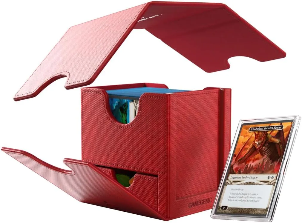 Gamegenic Sidekick Pro 100  XL Convertible - Premium Deck Box with Secure Card Storage, UV Protected Slide Card Case, Display Top Card, Extra Token Drawer, Magnetic Closure, Red Color, Made