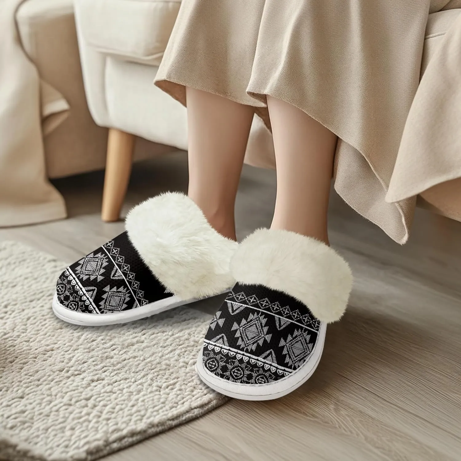 Geometic Aztec Print Comfy Slippers for Women Indoor and Outdoor,Slip on House Slippers,Warm and Cozy