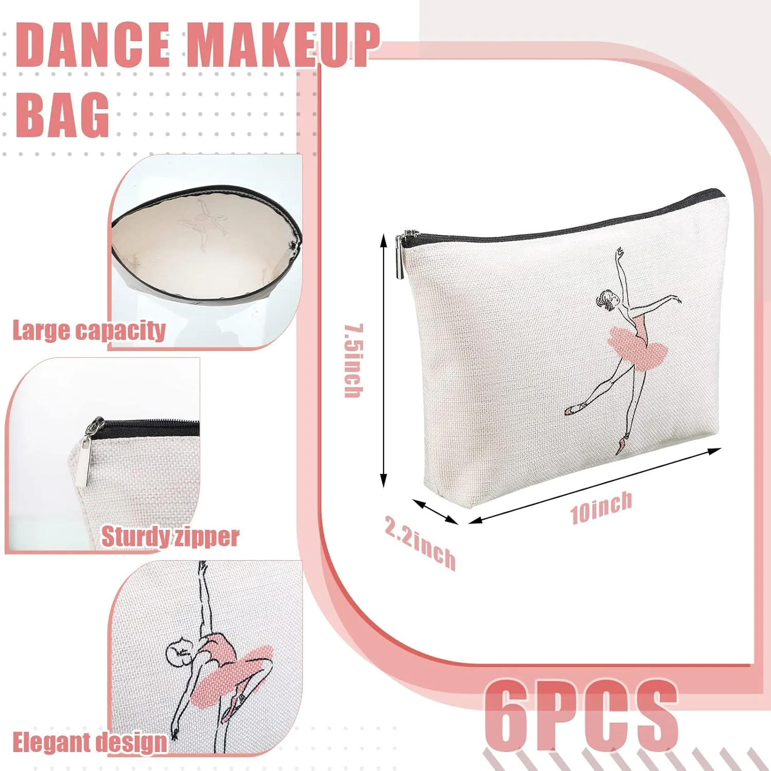 Gerrii 6 Pcs Dance Makeup Bag Gift Dancer Cosmetic Bags Ballet Teacher Gift Toiletry Zipper Pouch Portable Ballerina Travel Case for Women Dance Lover(Minimalist)