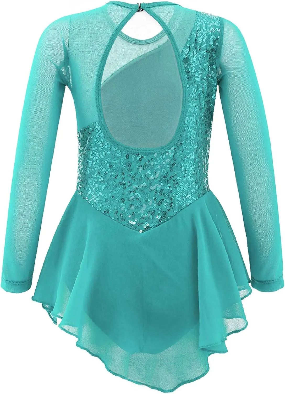 Girls Shiny Sequin Ballet Tutu Dress Long Sleeve Figure Ice Skating Dress Competition Dance Costumes