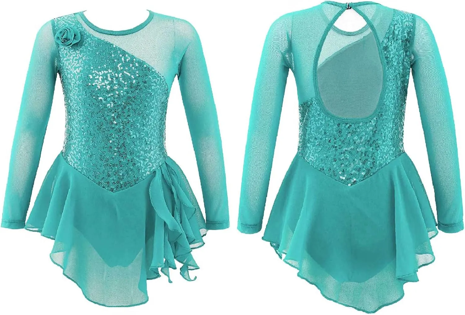 Girls Shiny Sequin Ballet Tutu Dress Long Sleeve Figure Ice Skating Dress Competition Dance Costumes