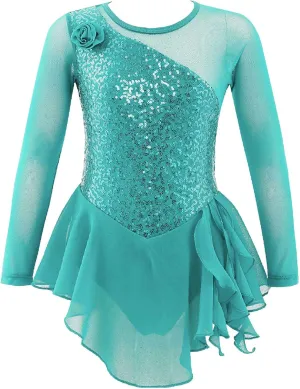 Girls Shiny Sequin Ballet Tutu Dress Long Sleeve Figure Ice Skating Dress Competition Dance Costumes