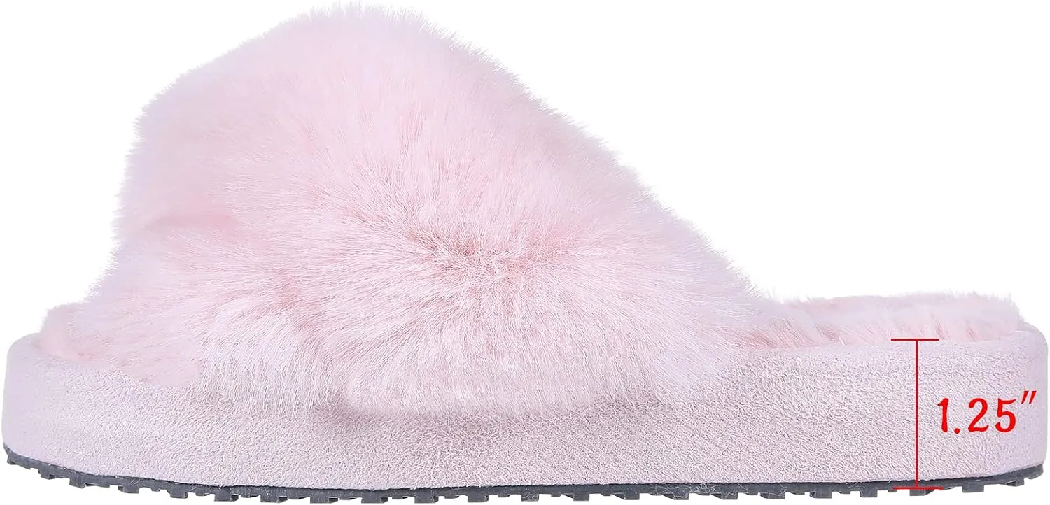 Girl's Soft Plush Lightweight House Slippers Non Slip Cross Band Slip on Open Toe Cozy Indoor Outdoor Slippers