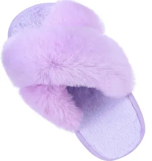 Girl's Soft Plush Lightweight House Slippers Non Slip Cross Band Slip on Open Toe Cozy Indoor Outdoor Slippers