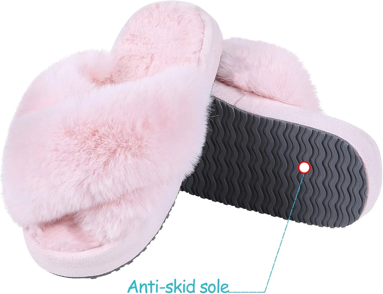 Girl's Soft Plush Lightweight House Slippers Non Slip Cross Band Slip on Open Toe Cozy Indoor Outdoor Slippers