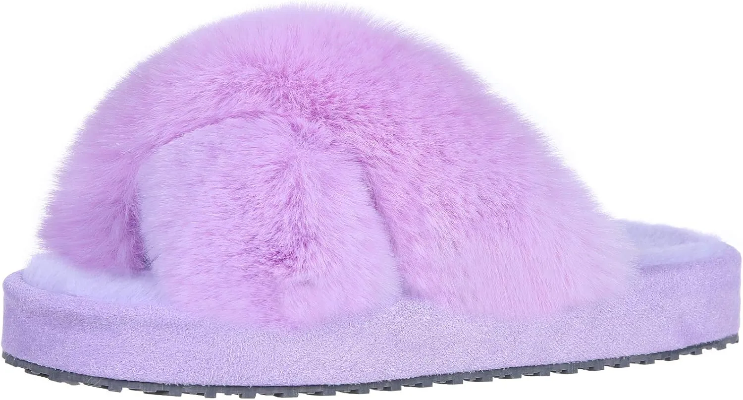 Girl's Soft Plush Lightweight House Slippers Non Slip Cross Band Slip on Open Toe Cozy Indoor Outdoor Slippers