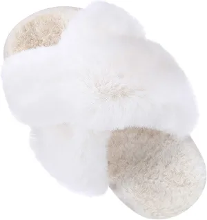 Girl's Soft Plush Lightweight House Slippers Non Slip Cross Band Slip on Open Toe Cozy Indoor Outdoor Slippers