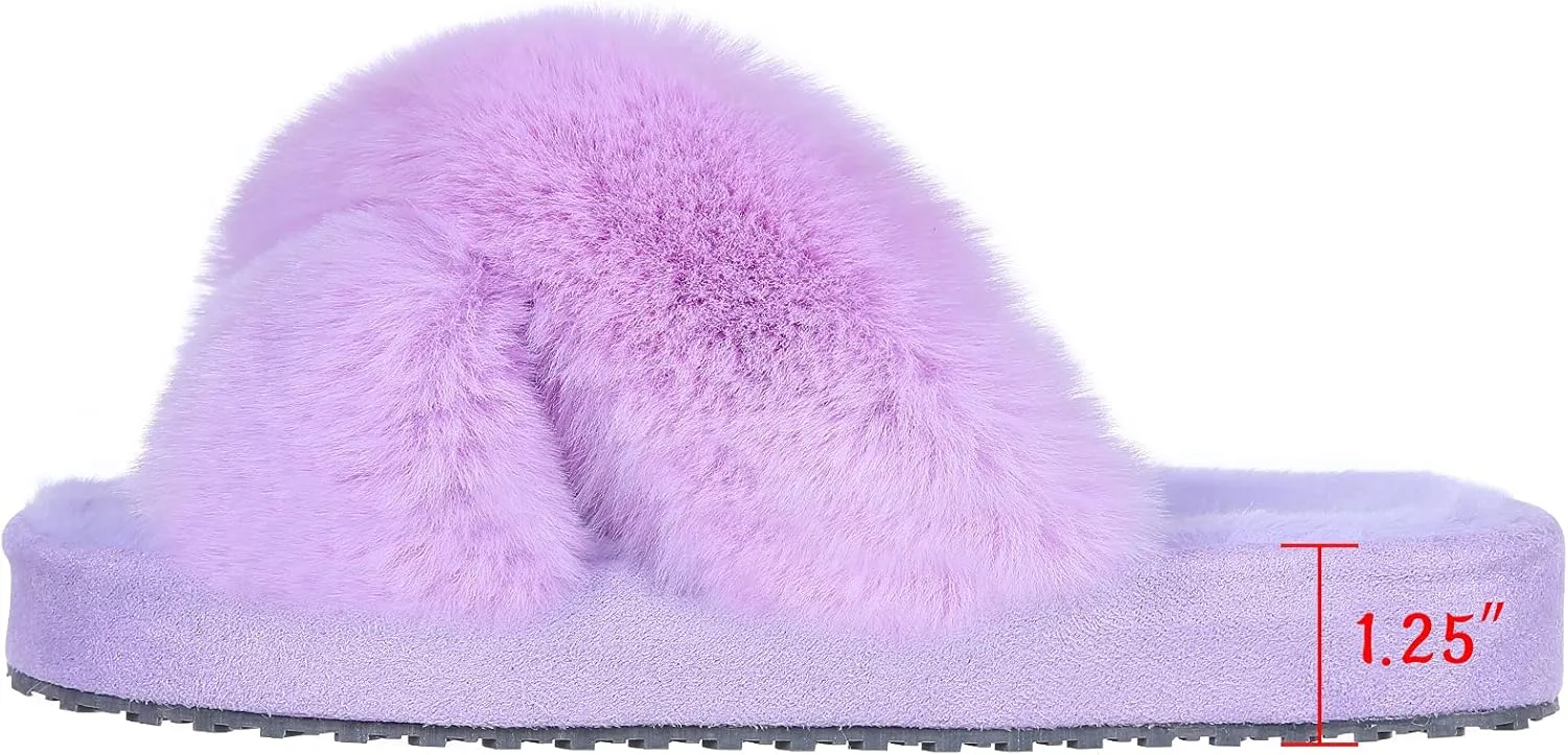 Girl's Soft Plush Lightweight House Slippers Non Slip Cross Band Slip on Open Toe Cozy Indoor Outdoor Slippers