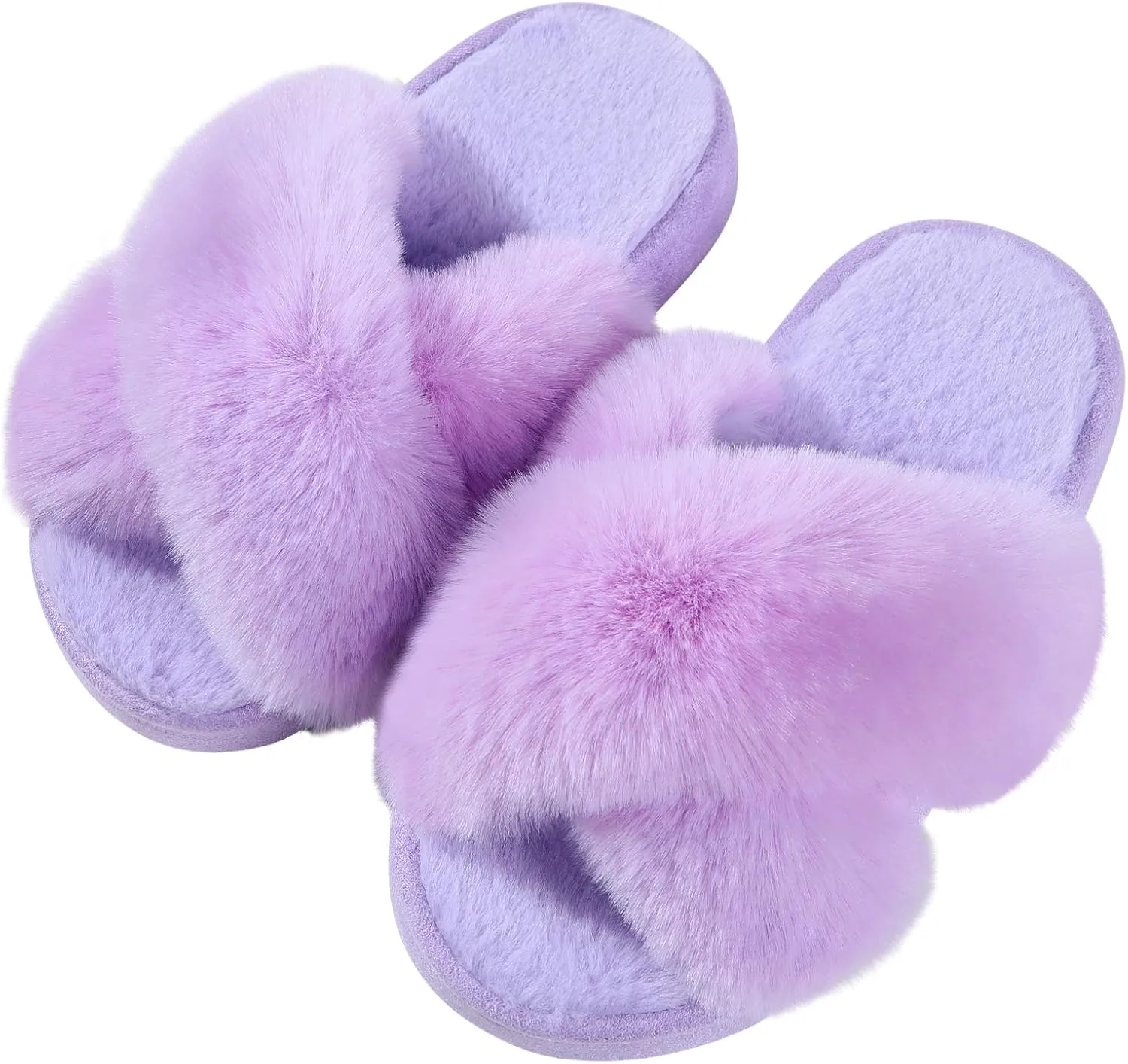 Girl's Soft Plush Lightweight House Slippers Non Slip Cross Band Slip on Open Toe Cozy Indoor Outdoor Slippers