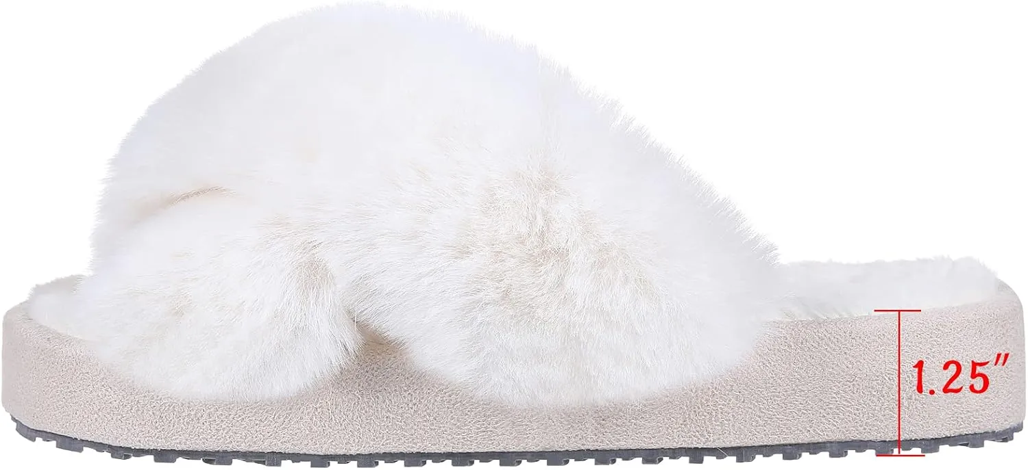 Girl's Soft Plush Lightweight House Slippers Non Slip Cross Band Slip on Open Toe Cozy Indoor Outdoor Slippers