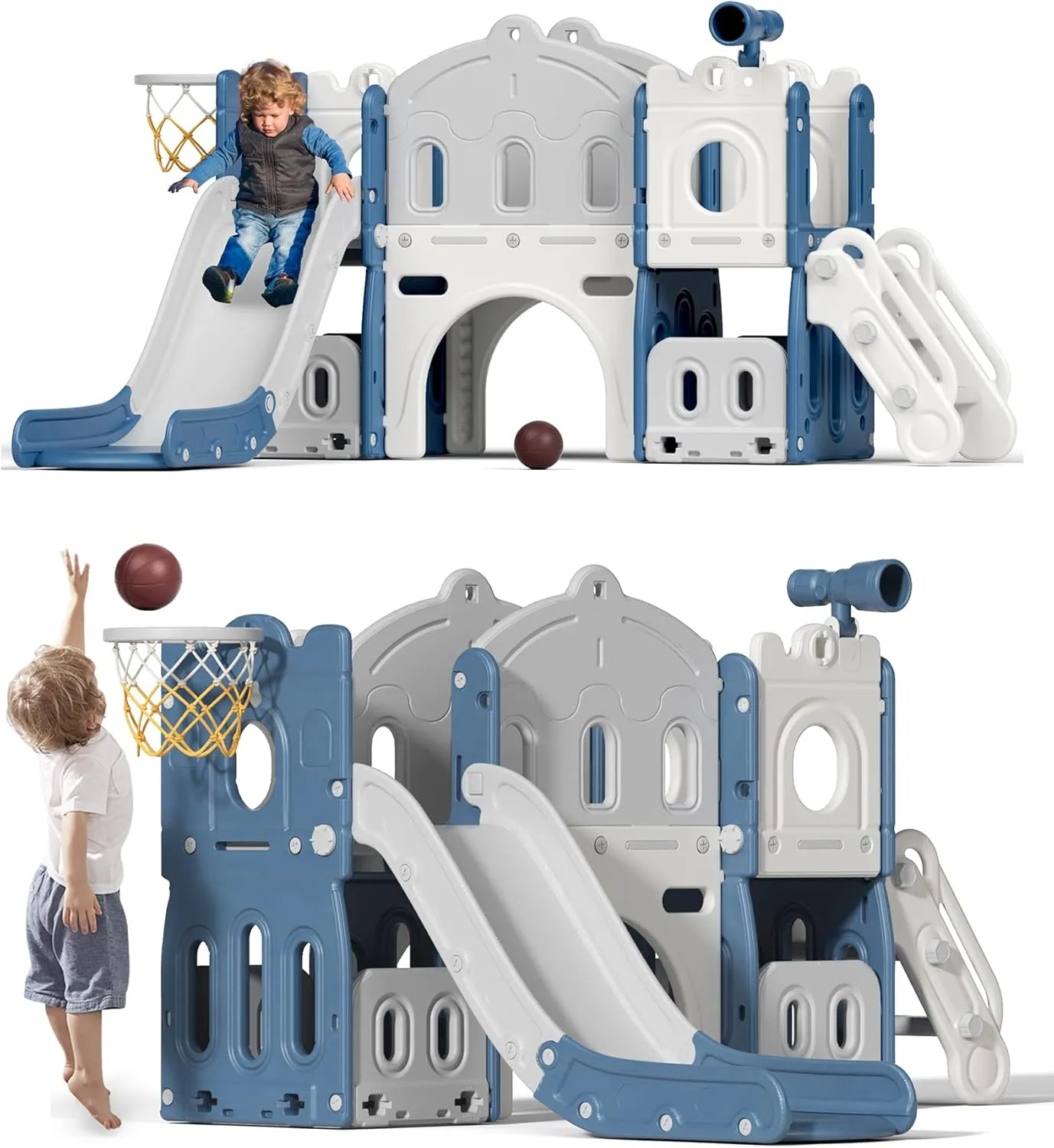 Glaf Toddler Slide 8 in 1 Indoor Playground for Toddlers 1-3 Outdoor Playset Kids Slides for Backyard Baby Slide Climber Slides with Telescope Basketball Hoop Tunnel and Ball (Blue)
