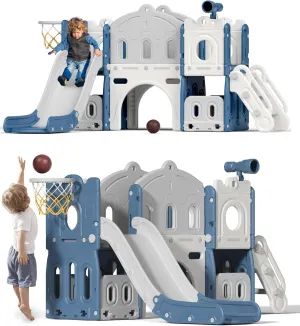 Glaf Toddler Slide 8 in 1 Indoor Playground for Toddlers 1-3 Outdoor Playset Kids Slides for Backyard Baby Slide Climber Slides with Telescope Basketball Hoop Tunnel and Ball (Blue)