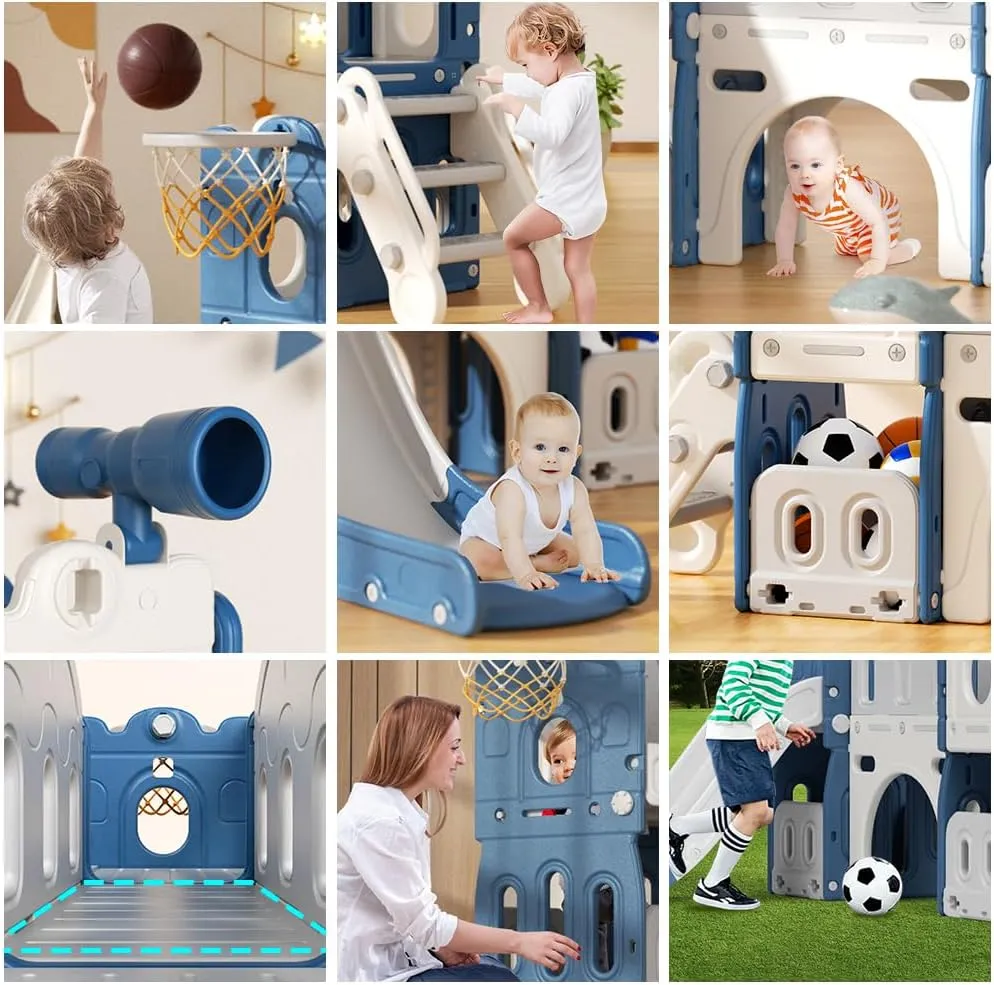 Glaf Toddler Slide 8 in 1 Indoor Playground for Toddlers 1-3 Outdoor Playset Kids Slides for Backyard Baby Slide Climber Slides with Telescope Basketball Hoop Tunnel and Ball (Blue)