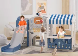 Glaf Toddler Slide with Playhouse Outdoor Playset Indoor for Toddlers 1-3 Kids Playground Sets for Backyards,Basketball Hoop,Ring Toss and Telescope Kids Slide (Blue)