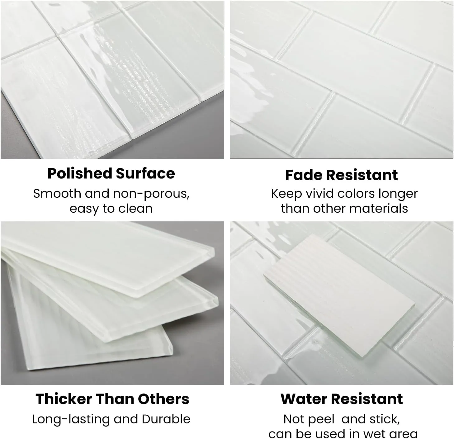 Glass Subway Tiles, 3 x 6 Inch, White Glass Tiles for Backsplash, Bathroom Shower Wall, Pack of 32 Pieces