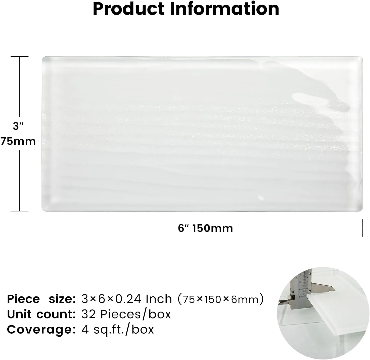 Glass Subway Tiles, 3 x 6 Inch, White Glass Tiles for Backsplash, Bathroom Shower Wall, Pack of 32 Pieces