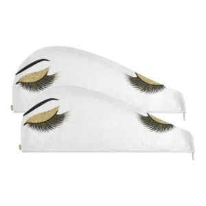Gold Golden Glittering Eyelash Isolated on White 2 Packs Hair Towel Wrap, Absorbent Turban Bath Hair Towel Hat, Quick Drying Hair Towel with Button for Curly, Long, Thick Hair