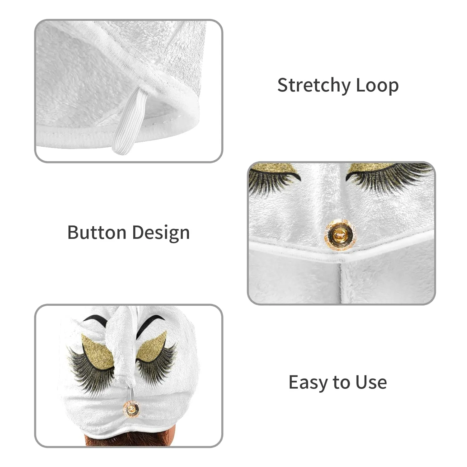 Gold Golden Glittering Eyelash Isolated on White 2 Packs Hair Towel Wrap, Absorbent Turban Bath Hair Towel Hat, Quick Drying Hair Towel with Button for Curly, Long, Thick Hair